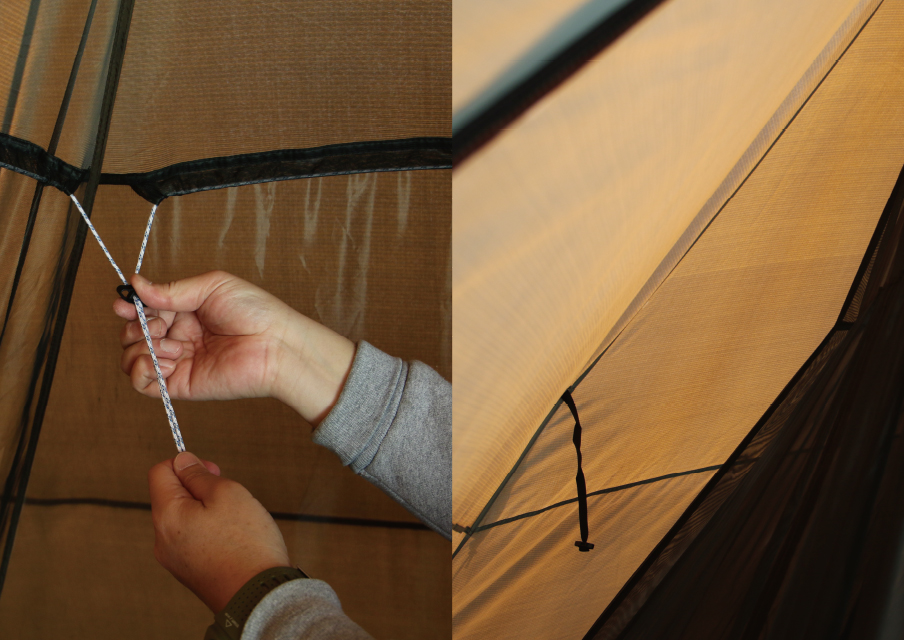 内側ロープを引くことで上部メッシュが細くなり、テント本体と密着した際の毛細管現象による水滴の付着を防ぎます。<br>※写真はメッシュインナーです。